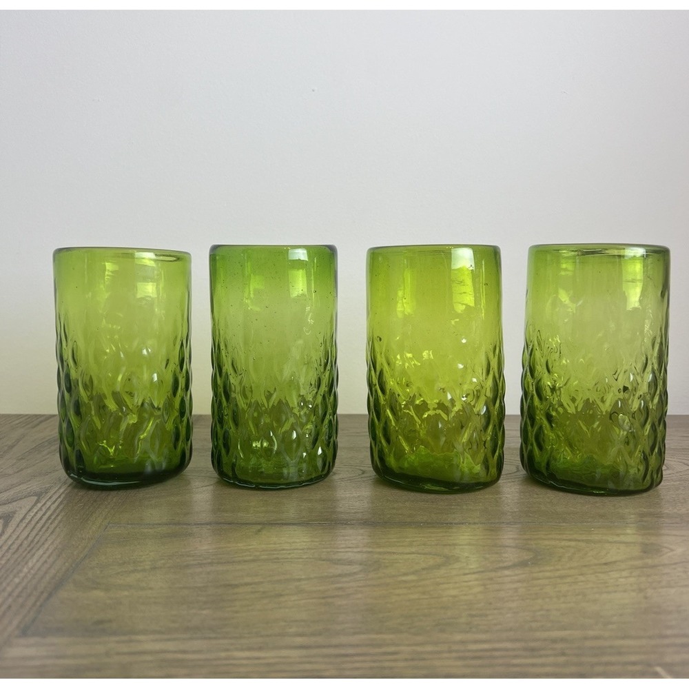 Vintage Avocado Green Art Glass Tumblers Set of 4 Textured Mid Century